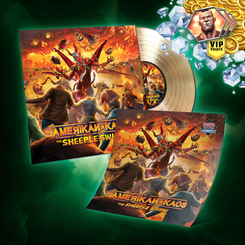 Collection of 'Amerikan Kaos' merchandise, Gold Vinyl records with colorful artwork and 'VIP Points' badge on a green background