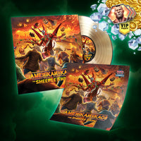 Collection of 'Amerikan Kaos' merchandise, Gold Vinyl records with colorful artwork and 'VIP Points' badge on a green background