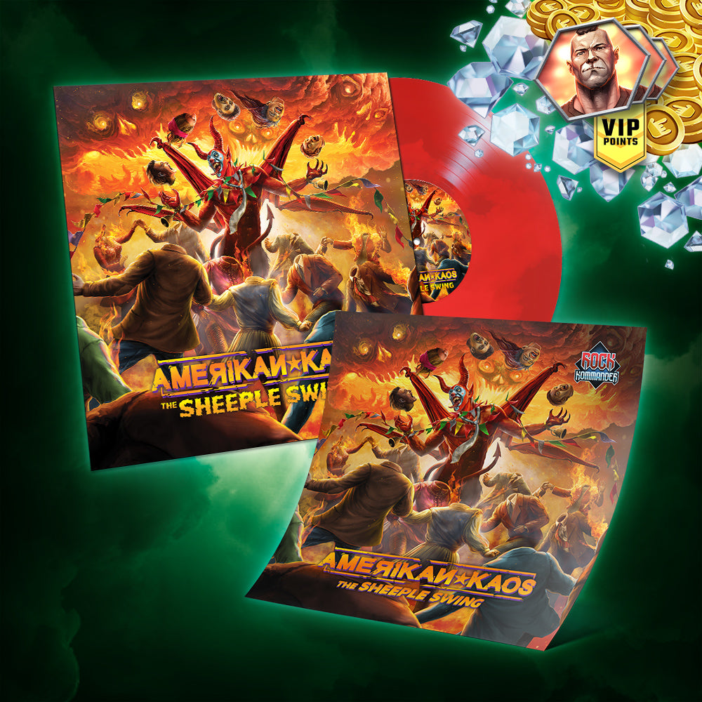 Collection of 'Amerikan Kaos' merchandise, Red Vinyl records with colorful artwork and 'VIP Points' badge on a green background
