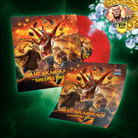 Collection of 'Amerikan Kaos' merchandise, Red Vinyl records with colorful artwork and 'VIP Points' badge on a green background