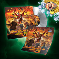 Collection of 'Amerikan Kaos' merchandise, Silver Vinyl records with colorful covers and a green glowing border
