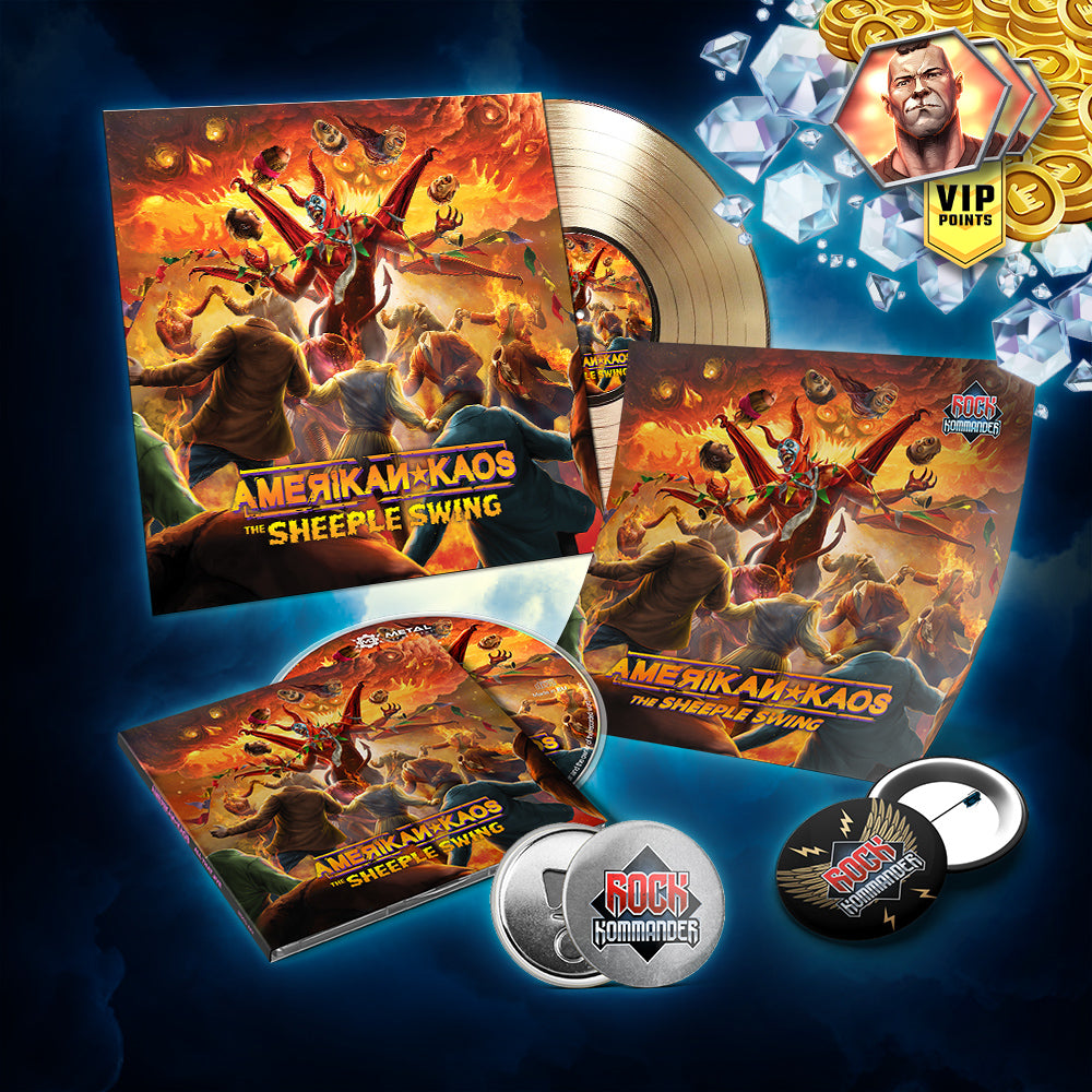Collection of 'Amerikan Kaos' merchandise, music album packaging with vinyl, CD, and merchandise on a blue gradient background