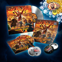 Collection of 'Amerikan Kaos' merchandise, Silver Music album packaging with vinyl, CD, and merchandise on a blue gradient background