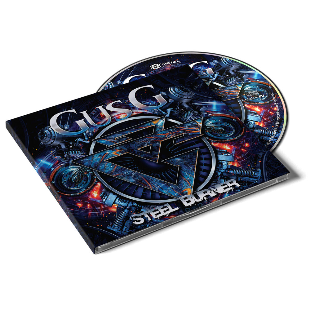 CD cover with intricate design and text on a white background featuring the artist Gus G and album title 'Steel Burner'.