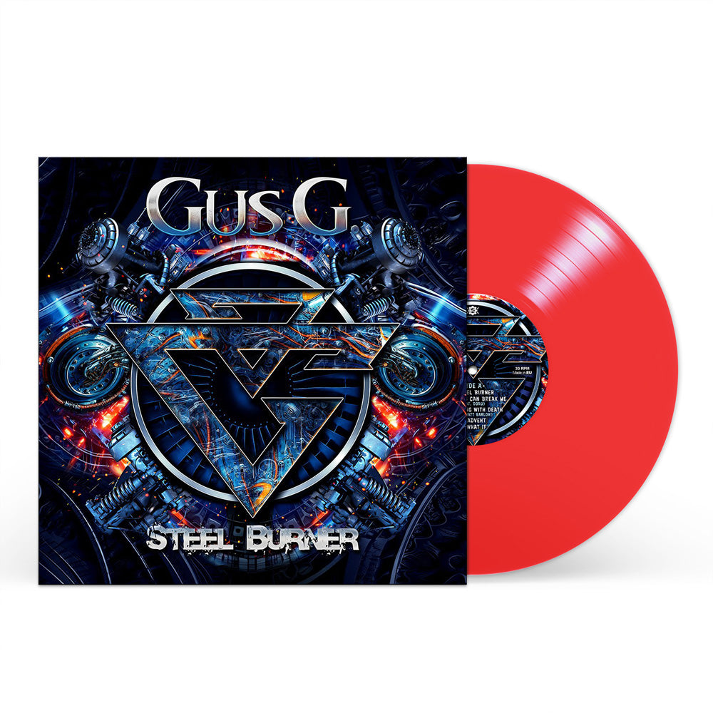 Vinyl record with a red disc and a cover featuring the artist Gus G and album title 'Steel Burner'.