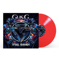 Vinyl record with a red disc and a cover featuring the artist Gus G and album title 'Steel Burner'.