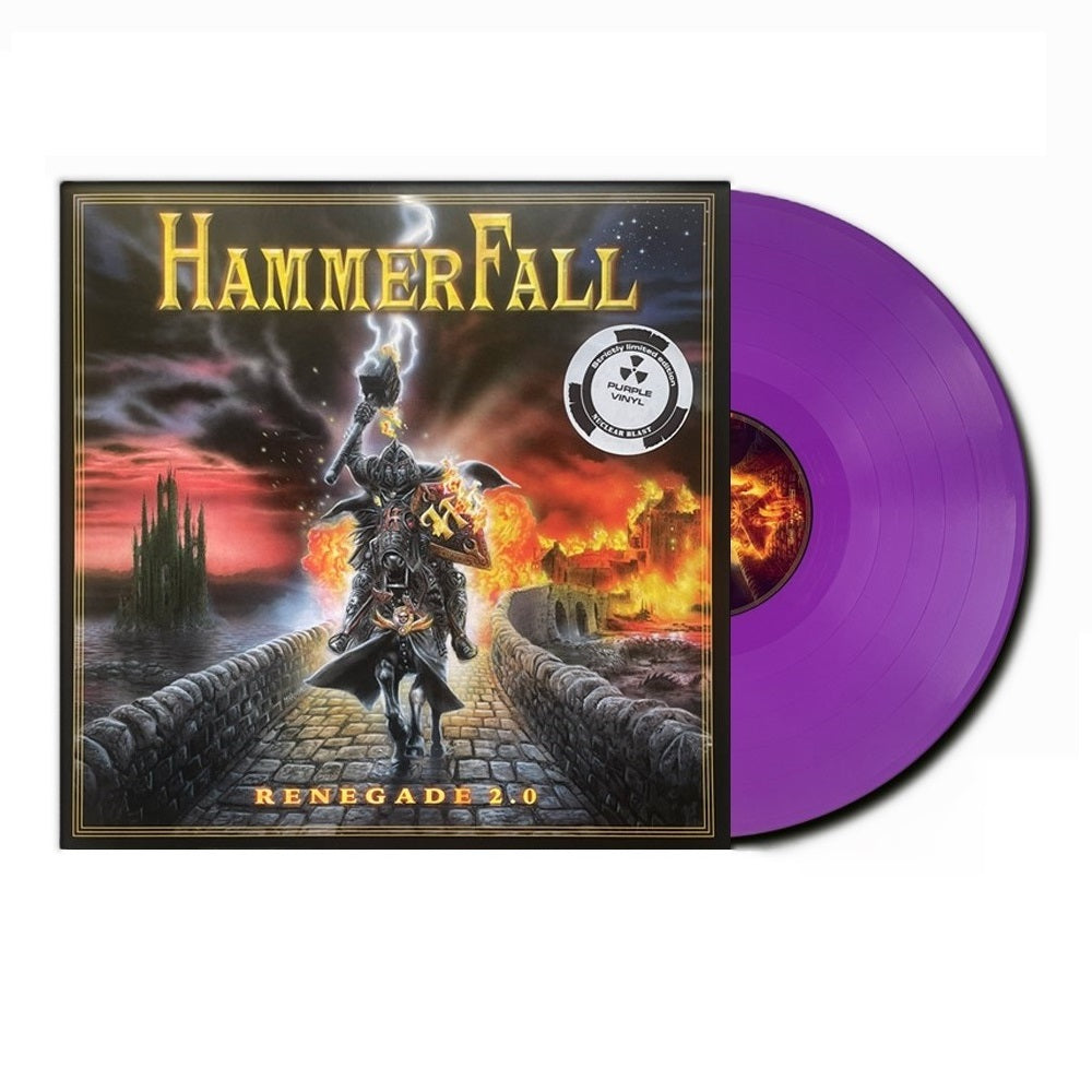 A Hammerfall vinyl record album shown with the printed cover on the left and a translucent purple record partially visible on the right against a plain white background. renegade 2.0