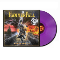 A Hammerfall vinyl record album shown with the printed cover on the left and a translucent purple record partially visible on the right against a plain white background. renegade 2.0